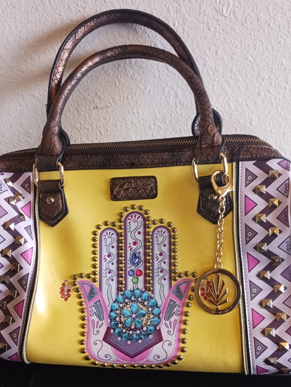Free Purse Hamsa Charm Embellished Boho Yellow With Some Imperfection